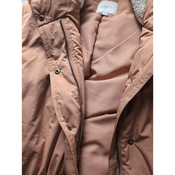 LOFT Women's L Mauve Pink Puffer Duvet Coat Jacket Mid Length Hood & Pockets - Picture 7 of 12